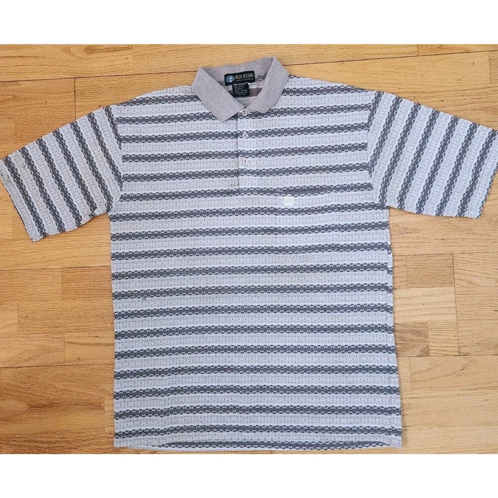 Vtg 90s Blue Oceans Polo Shirt Sz Medium Mens Cream Brown Preppy Pocket Stripe